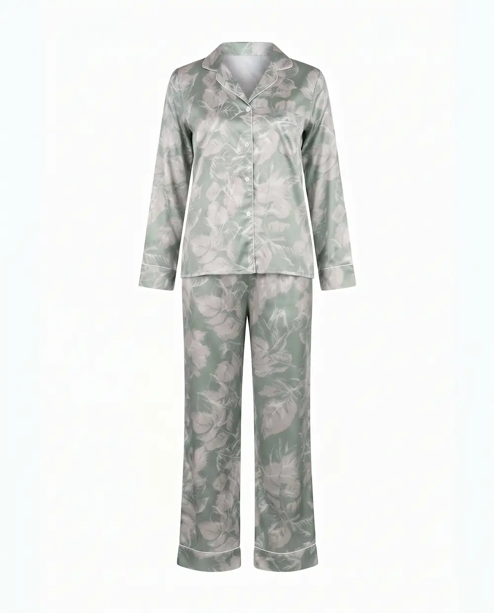 floral-sage-satin-pajama-set-front بيجامة ساتان حريمي قطعتين لون أخضر فاتح بنقشة نباتية من الأمام