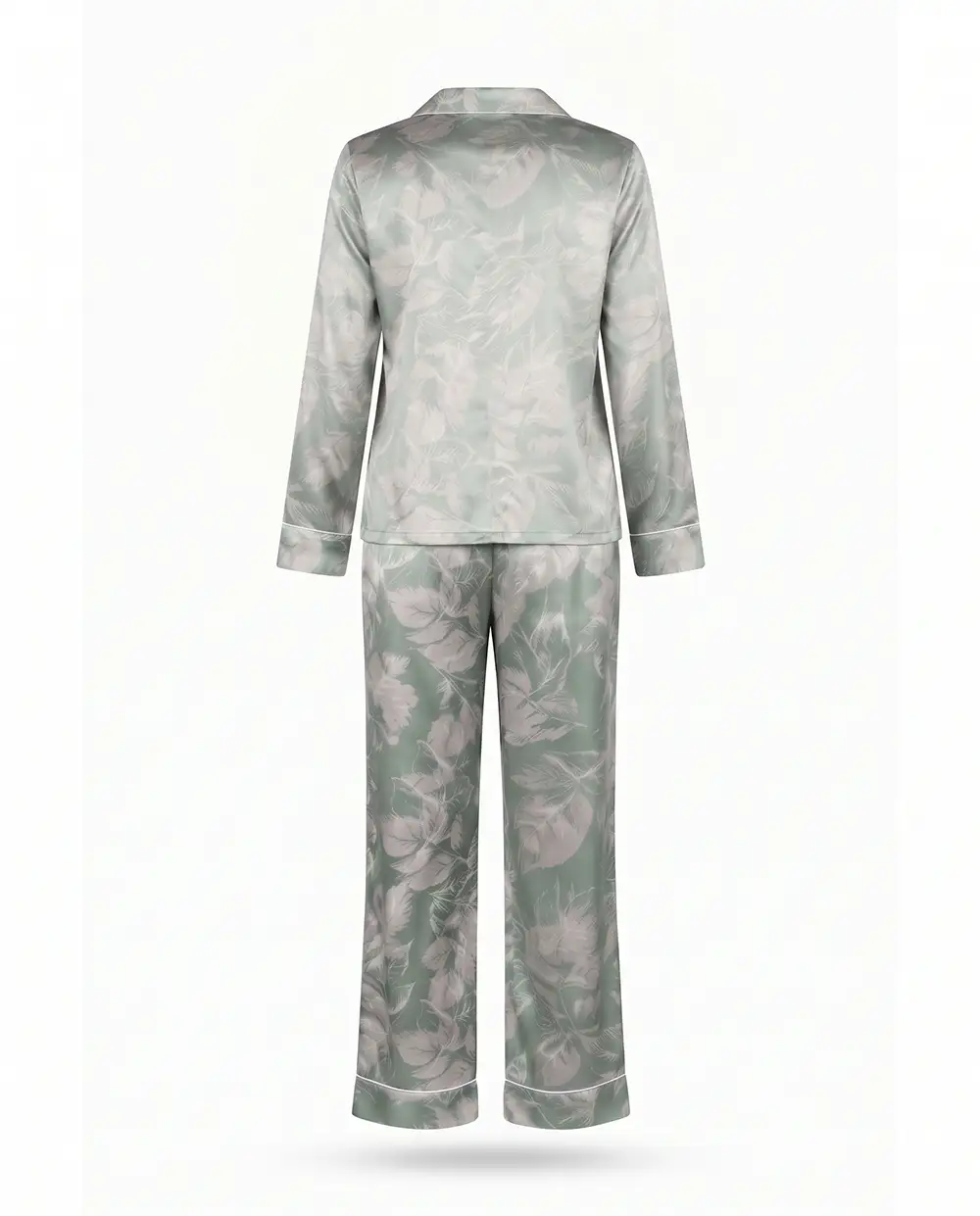 sage-green-satin-sleepwear-cutout-back بيجامة ساتان نسائية كم طويل من الخلف على خلفية بيضاء